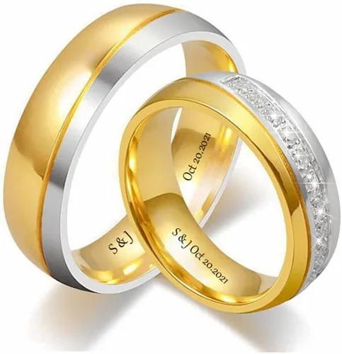 Miniatura 10 de Anillos de compromiso personalizados a juego para parejas, juego de anillos de boda de acero inoxidable dorado para él y ella, anillos de pareja
