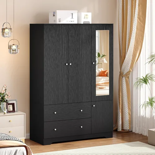 Miniatura 13 de VINGLI Armario Ropero Acanalado con Puertas y Cajones, Gabinete Armario con Barra para Colgar, Armario de Dormitorio de Madera de Roble, Armario