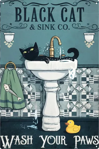Cartel divertido de gato negro en metal para decoración de baño, letreros de lata para baño, letreros de pared, decoración divertida para inodoro,