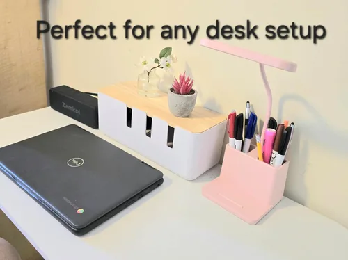 Miniatura 5 de Juego de 2 cajas de organización de cables, organizador de cables con tapa de bambú, caja organizadora de cables grande y mediana para escritorio
