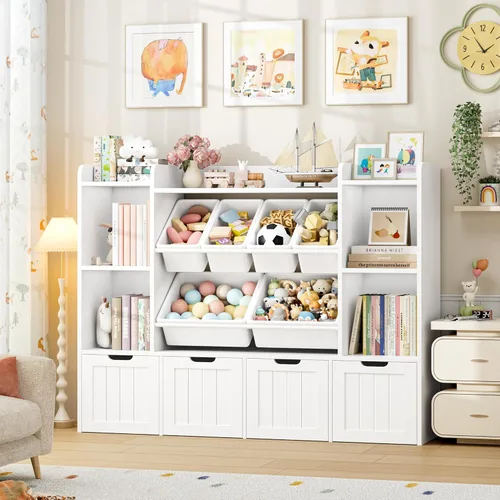 FINETONES Organizador de almacenamiento de juguetes de 55.1 pulgadas con 6 cubos de juguetes, organizador grande de juguetes, estantería para niños