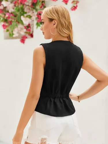 Miniatura 2 de GAMISOTE Chaleco con botones para mujer, estilo vintage, sin mangas, cuello en V, elástico, de gasa, chaleco