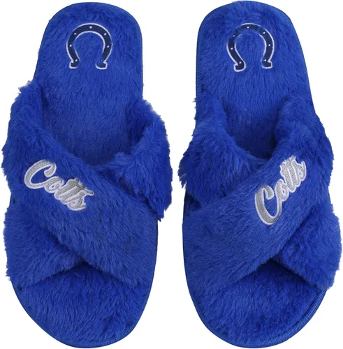Miniatura 19 de FOCO Pantuflas deslizantes cruzadas mullidas con logotipo de texto del equipo NFL para mujeres