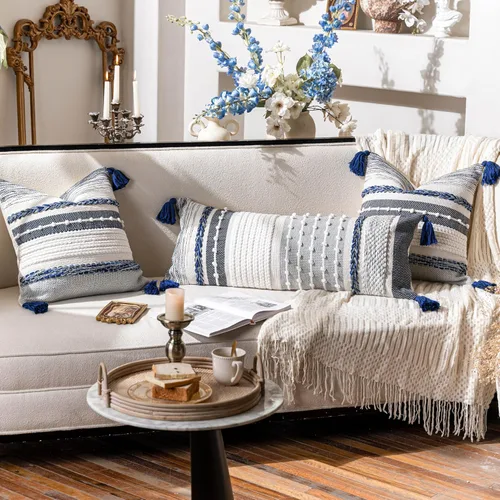 Miniatura 7 de BlissBlush Funda de almohada lumbar decorativa bohemia azul marino de 14 x 36 pulgadas, almohada corporal larga para cama, almohada lumbar Azul