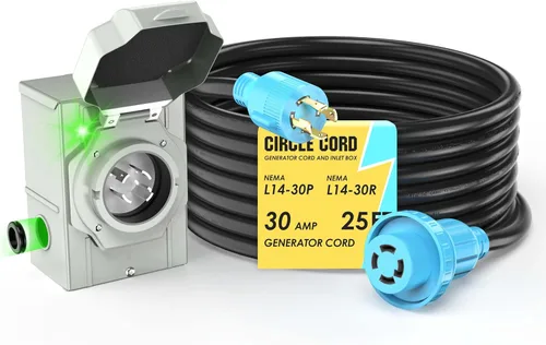 CircleCord Cable de Extensión para Generador de 4 Clavijas de 25 Pies 30 Amperios y Caja de Entrada con Conector de Bloqueo, Servicio Pesado NEMA