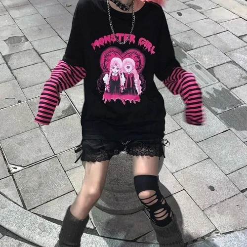 Miniatura 5 de PAROSEN Camisa gótica para mujer, camisas kawaii Harajuku moda gótica Y2K Grunge Tops para adolescentes niñas Anime manga larga