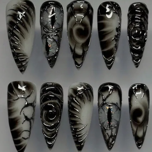 Miniatura 19 de Uñas postizas a presión para Halloween, con forma de hueso gótico, de terror, de cobertura completa, color blanco y negro, acrílico, para fiestas