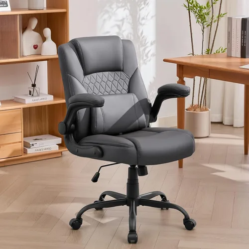 Silla de oficina de cuero para el hogar con soporte lumbar, asiento acolchado de 5 pulgadas, pequeña silla mecedora de escritorio de cuero PU, Gris