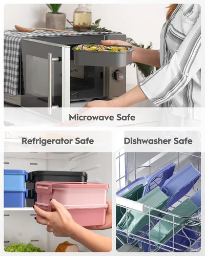 Miniatura 6 de Caja Bento para Adultos con Bolsa de Almuerzo Aislada, Capacidad de 74 oz, 3 Cajas Bento Apilables a Prueba de Fugas con Utensilio y Salsa