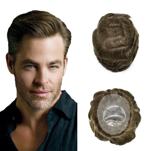 Miniatura 43 de Toupee para hombres Sistema de reemplazo de cabello humano Full Poly Mens Toupee Hairpiece inyectado PU peluca para hombre sistemas de cabello 1B#
