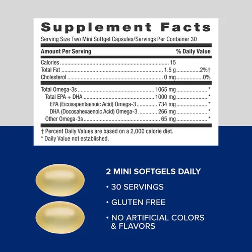 Miniatura 5 de GNC Suplemento de aceite de pescado de triple fuerza, mini Omega 3, 1000 mg de EPA y DHA, apoya la salud del corazón, el cerebro, la piel, los ojos