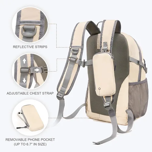 Miniatura 5 de Mochila de senderismo para mujeres y hombres de 20 litros con bolsillo extraíble para teléfono, mochila de viaje ligera pequeña mochila de Beige