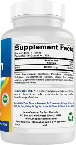 Miniatura 6 de Best Naturals Biotina (también llamada vitamina B7), tabletas de 10,000 mcg (365 unidades (paquete de 3))