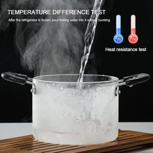 Miniatura 2 de Cacerola de vidrio con tapa, resistente al calor, olla de cocina de vidrio de borosilicato de madera con doble asa, cristalería transparente