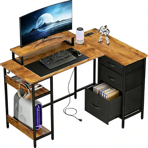 Miniatura 9 de DEVAISE Escritorio para juegos en forma de L de 48 pulgadas con cajones y almacenamiento, escritorio de esquina con luces LED, tomas de corriente