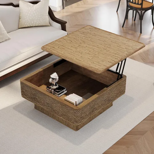 31.52" Square Lift Top Coffee Table with Storage, Natural Rattan & Hemp Rope, Adjustable Function, Vintage Farmhouse Center Table for Living Room,