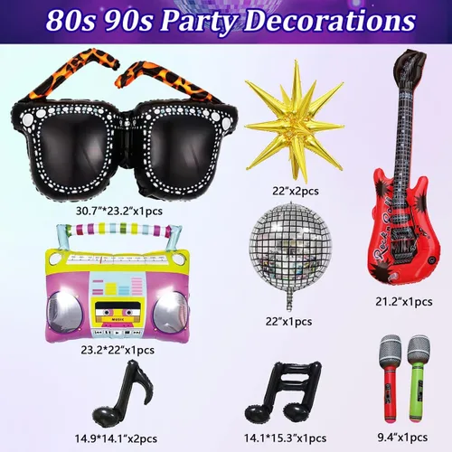 Miniatura 3 de JOGAMS Decoraciones de fiesta de los 80 y 90 165 piezas Globos con guitarra inflable retro, micrófono, anteojos, nota musical, globos de bola