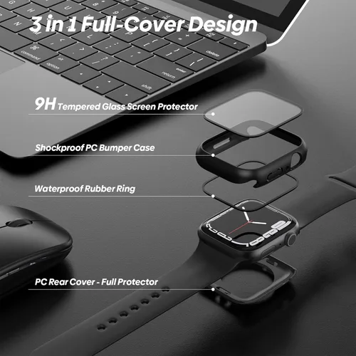 Miniatura 3 de [Paquete de 2] Funda impermeable 2 en 1 compatible con Apple Watch Series 9, 8, 7, 1.772 pulgadas, protector de pantalla de vidrio templado