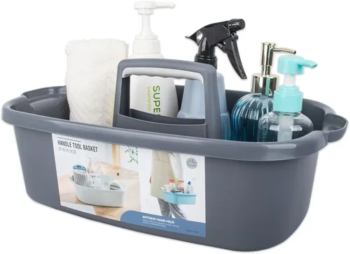 JiatuA Organizador de suministros de limpieza grande portátil con asa, cubo de plástico, almacenamiento de herramientas para baño, dormitorio, Gris
