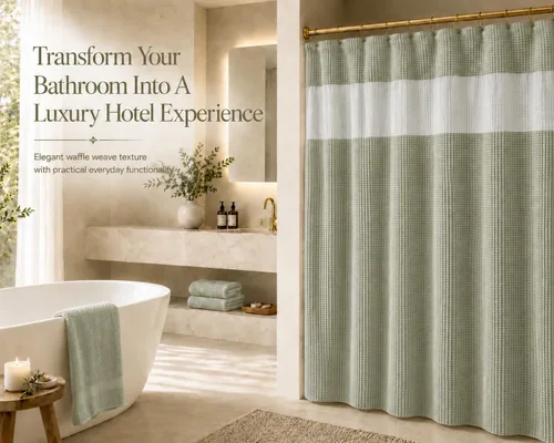 Miniatura 8 de Cortina de ducha con tejido de punto gofre, con forro de tela impermeable a presión, ventana superior de malla, resistente al agua, lavable a