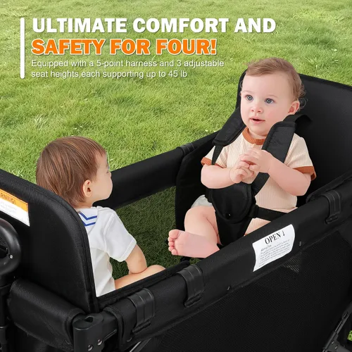 Miniatura 3 de Cochecito para 2 niños, asiento alto y arnés de 5 puntos, carro plegable todo terreno para niños pequeños con toldo, organizador para padres, bolsa