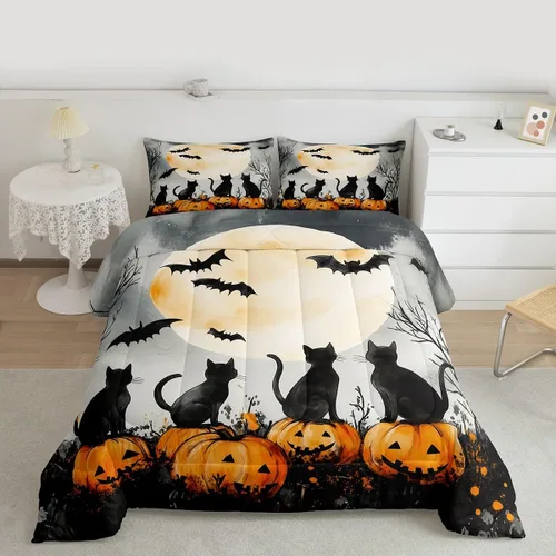 Miniatura 17 de Lindo juego de edredón de murciélago tamaño Queen con diseño de animales de Feliz Halloween, 3 piezas para decoración de habitación de niños