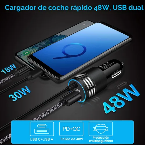Miniatura 3 de Cargador de Coche Súper Rápido de 48W USB C Adaptador de Coche Rápido Android con Cable de Carga Rápida Tipo C de 30W Integrado para Samsung Galaxy