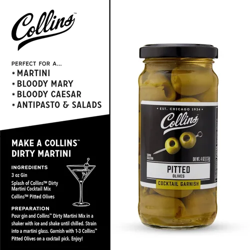 Miniatura 3 de Collins Aceitunas sin hueso: guarnición popular para cócteles, martinis sucios, ensaladas, bandejas de queso, embutidos, aperitivos, 4 onzas