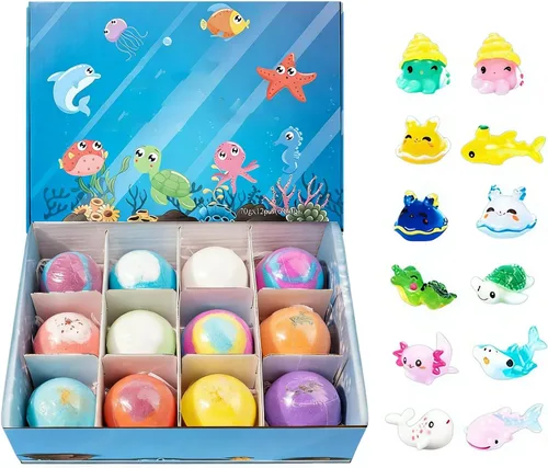 Bombas de baño efervescentes para niños con juguetes, paquete de 12 bombas de baño para niños con juguetes sorpresa de primavera en el interior,