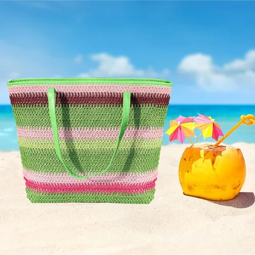 Miniatura 62 de Bolso grande de paja para mujer, tejido de ratán, bolso de playa de verano, a rayas