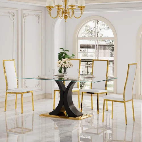 Miniatura 24 de Moderno juego de mesa de comedor rectangular de vidrio para 4, 63 pulgadas, mesa transparente de cocina de lujo con base negra y dorada, 4 sillas