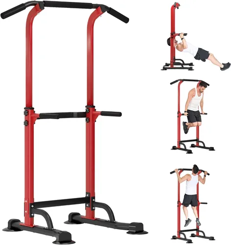Miniatura 8 de Torre de potencia multifuncional para gimnasio en casa: estación de dominadas y inmersión ajustable con capacidad de 400 libras, equipo de Amarillo