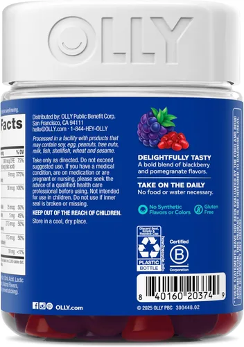 Miniatura 8 de OLLY Gomitas múltiples para hombre, apoyan el bienestar general*Vitaminas A, C, D, E, Bs y zinc, sabor BlackBerry Blitz, suministro para 65 días