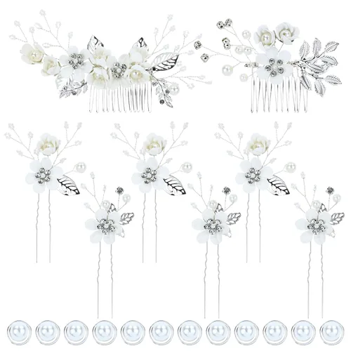 Miniatura 9 de inSowni - Juego de 20 peines laterales elegantes de color azul polvoriento con flores para novias, accesorios para el cabello para bodas, pinzas