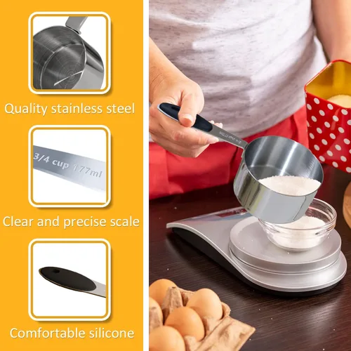 Miniatura 3 de LEIFENY 1 taza medidora individual de 3/4 tazas (6.0 fl oz, 6 onzas) con agarre de silicona negra, cucharada individual de acero inoxidable