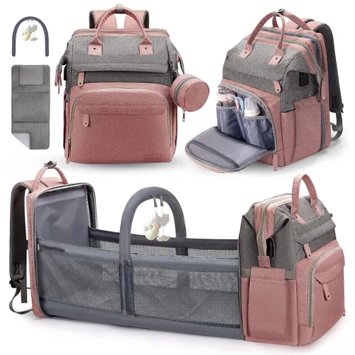 DERJUNSTAR - Mochila para pañales con cambiador para bebés de gran capacidad para niños y niñas, puerto de carga USB, funda para chupetes, sombrilla