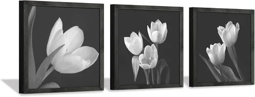 Arte de pared de tulipanes en blanco y negro, 3 piezas enmarcadas florales para decoración de dormitorio, baño, 12 x 12 x 3 paneles