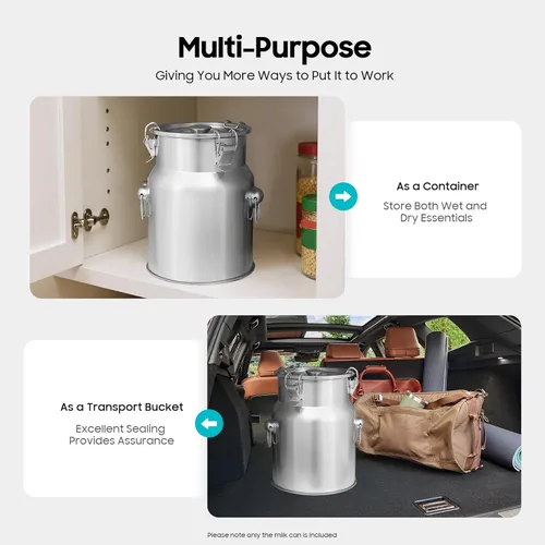 Miniatura 5 de Lata de leche de acero inoxidable de 5 litros y 1.32 galones, cubo de leche para vino, cubo de leche, jarra de leche con tapa sellada, resistente