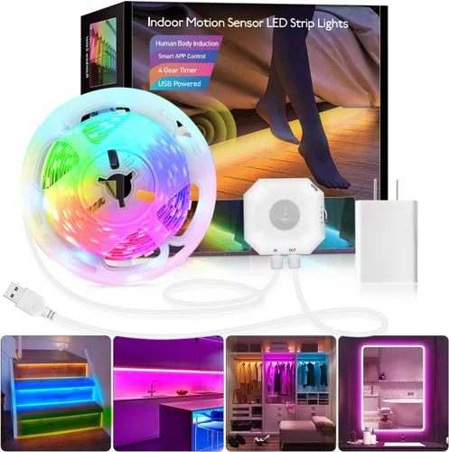 Daymeet Luces con sensor de movimiento para debajo de la cama, tira de luces LED RGB activadas por movimiento de 9.8 pies con temporizador de