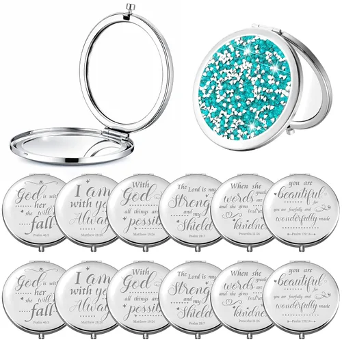 Miniatura 6 de Thyle 12 piezas de espejo compacto a granel, espejo de bolsillo cristiano para confirmación católica VBS para mujeres, versículo bíblico, cartera