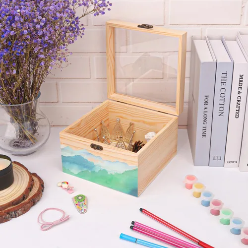 Miniatura 4 de 4 cajas de madera sin terminar con ventana, caja de madera para manualidades y almacenamiento con tapa superior de plástico, para recuerdos