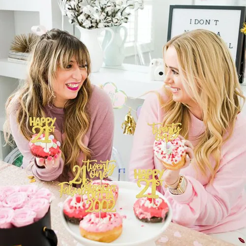 Miniatura 7 de Paquete de 24 adornos para cupcakes con purpurina de 21 años de 2002, decoraciones para pasteles de cumpleaños de 21 años, suministros de fiesta
