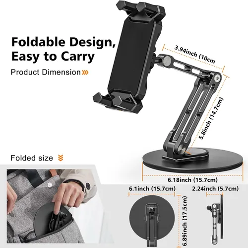Miniatura 6 de Soporte para iPad, soporte de escritorio para tableta, oficina, cocina, dormitorio, base giratoria de 360°, ajustable, plegable, soporte