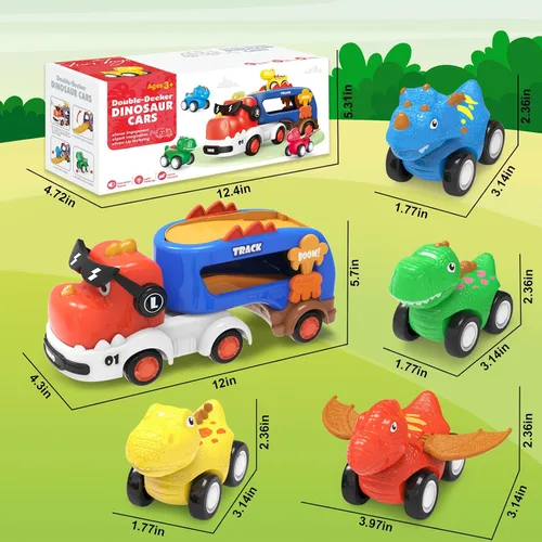 Miniatura 7 de Juguetes de Dinosaurio para Niños 2 3 4 5 6, 5 en 1 Camión de Dinosaurio con 4 Coches de Dino, Luz y Sonido, Juguetes para Niños de 2 a 7 Años