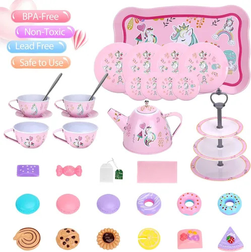 Miniatura 2 de Juego de Té Juguetes para Niñas 36 piezas, Juego de Fiesta de Té de Unicornio de Hojalata Juguete de Juego de Simulación Regalos para Niñas Pequeñas