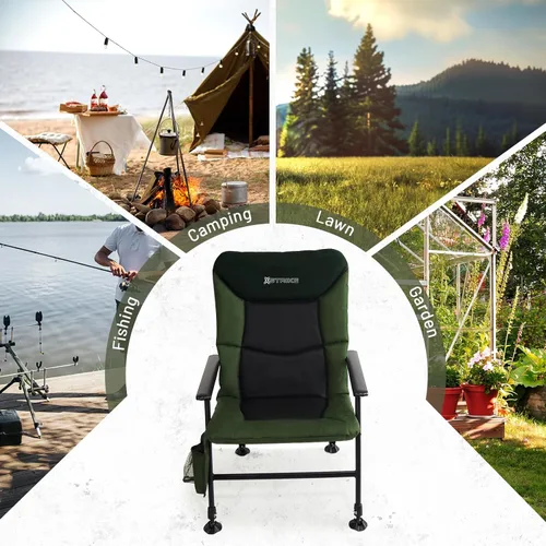 Miniatura 8 de X Strike Silla de pesca plegable de gran tamaño con soporte para caña, resistente, 350 libras, pies ajustables y acolchados, silla de camping