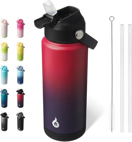 Miniatura 32 de BJPKPK - Botella de agua aislada con tapa de popote, 532 ml Botellas termo con boquilla suave, asa flexible y base antideslizante, libre de BPA, a