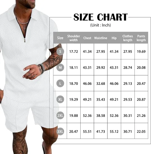 Miniatura 6 de Aulemen Conjunto deportivo de 2 piezas con cremallera para hombre, manga corta, camiseta polo y pantalones cortos, conjuntos de verano para hombre