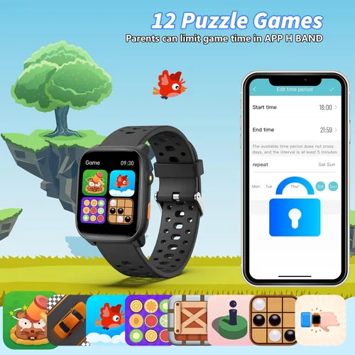 Miniatura 5 de Reloj inteligente para niños con juegos de rompecabezas, relojes para niños de 1.83", monitor de ritmo cardíaco, monitor de sueño, podómetro, reloj