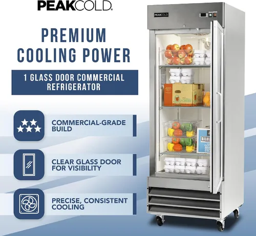 Miniatura 2 de PEAKCOLD Refrigerador comercial de una sola puerta de vidrio, 23 pies cúbicos, 29 "W Acero inoxidable Reach-In Vertical Refrigerador, Estantes